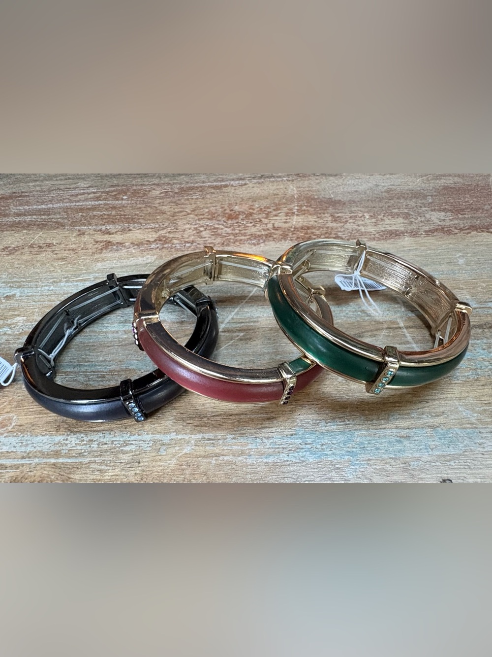 Coldwater Creek Gold-Tone Green, Red & Blue Enamel Hinged Bangle Bracelet Set